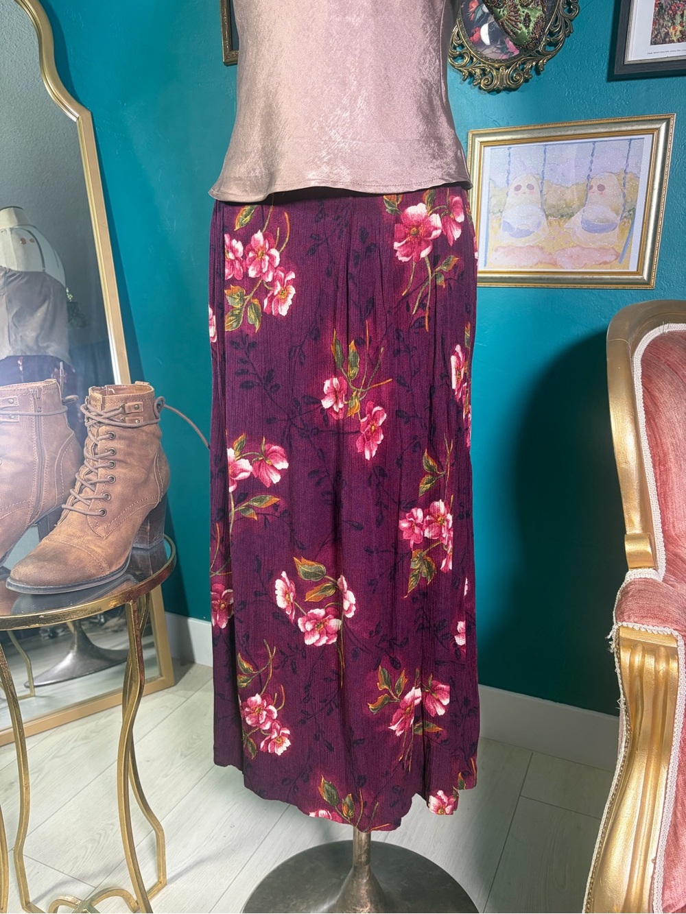 Jaclyn Smith Burgundy Floral Rayon Maxi Skirt Size L